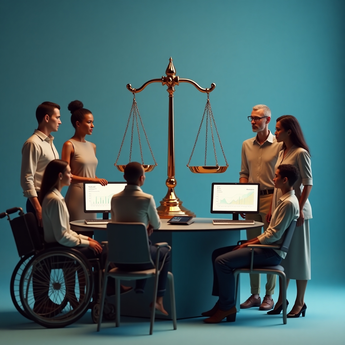 AI Fairness Illustration - Professional visualization showing balanced scales with diverse people and AI systems ensuring equitable treatment