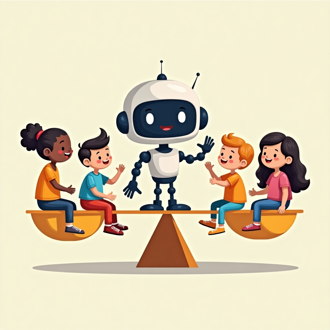 Fairness Illustration - A cartoon balance scale with diverse children of different ethnicities, genders, and abilities on both sides, perfectly balanced. Above them, a friendly AI robot with a judge's wig is ensuring fairness. Rainbow colors and smiling faces emphasize equality and joy.