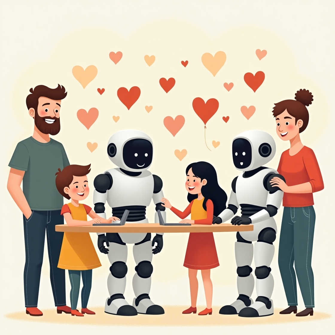 Human-Centric AI Illustration - A warm scene showing children and adults working alongside friendly AI robots as partners. Humans are clearly in control with the robots serving as helpful assistants. Hearts and collaboration symbols float around them, emphasizing the caring, supportive relationship between humans and AI.