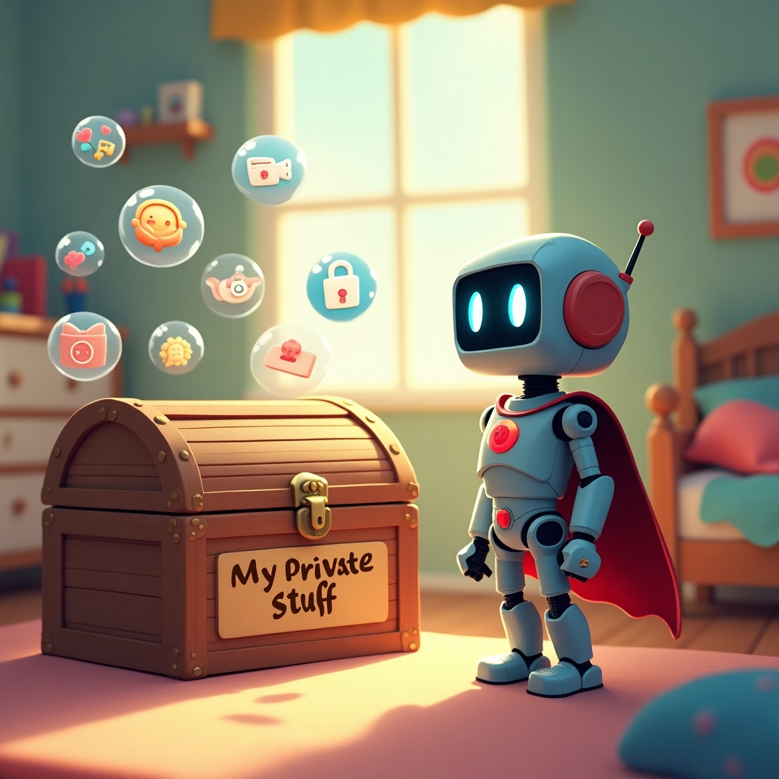 Privacy Protection Illustration - A child's bedroom with a friendly robot guard standing by a treasure chest labeled 'My Private Stuff.' The chest has digital locks, and the robot has a cape like a superhero. Floating around are icons representing personal data (photos, messages, location) all safely contained in protective bubbles.