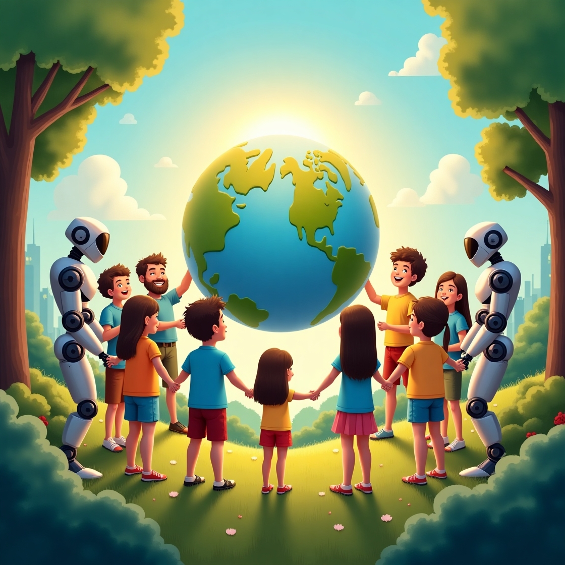 Responsible AI Use Illustration - A diverse group of children holding hands around a glowing planet Earth, with AI robots helping in positive ways - one robot planting trees, another helping elderly people, and one teaching children. The scene is bright and hopeful with green landscapes and clean cities in the background.