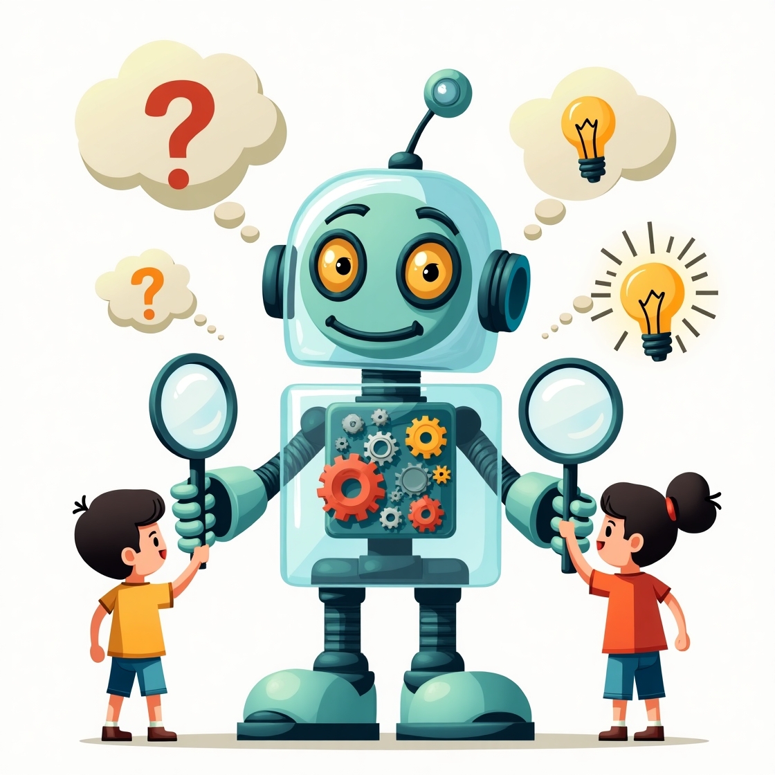 AI Transparency Illustration - A clear glass robot with visible gears and circuits inside, surrounded by thought bubbles showing its decision-making process. Children are looking through magnifying glasses at the robot, with question marks and lightbulbs floating around, representing curiosity and understanding.